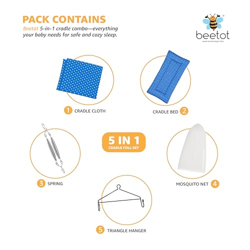 Image of Baby Cradle Set Swing /Jhula (Thottil Cloth, Palna, Dolna) | Hanging Cradle with Removable Bed, Mosquito Net, Spring, Triangle Hanger | Up to 15 kg | PRE-Dark Blue DOT