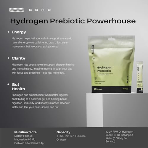 Echo Hydrogen Prebiotic Drink Mix - Digestive Health Supplement Packets - On-The-Go Portable Hydration Mix for Instant Hydrogen Water - Wellness & Energy Support Drink - Crisp Apple - 30 Count - Image 8