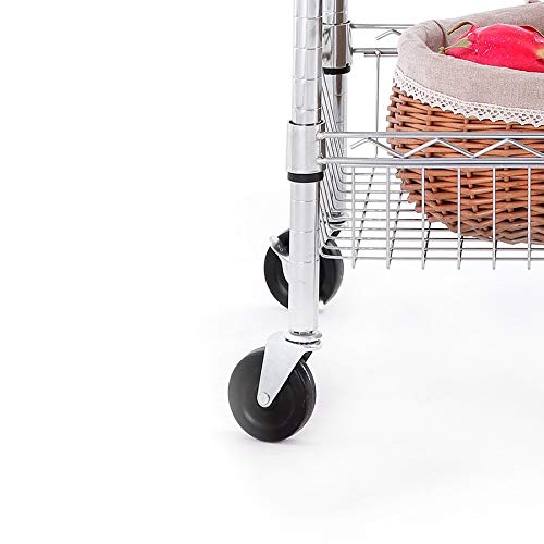 A metal wire cart with four black rubber swivel casters installed on its legs.