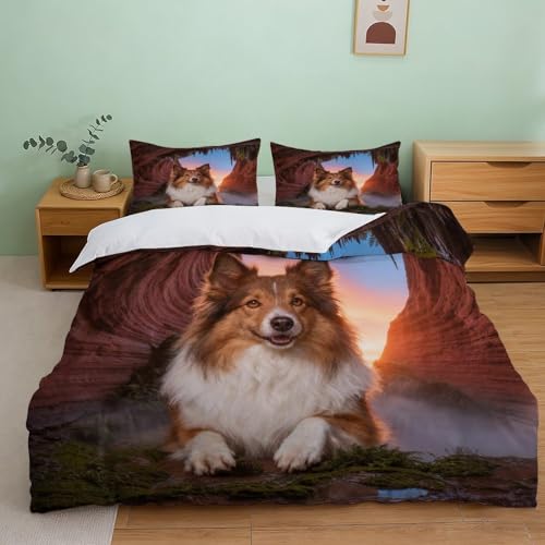 Funda Nórdica con Pastor Shetland Ultra Suave Microfibre Juego De Ropa De Cama Cueva con Funda De Almohada para Niños, Adolescentes Y Adultos Single（140x200cm）