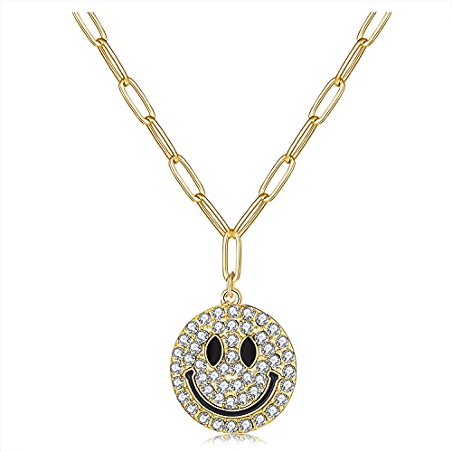 14K Gold Smiley Face Paperclip Chain Necklace-Colorful Enamel Rhinestone Medium Pendant Necklace- Hypoallergenic Smiley Choker Necklace-Dainty Y Necklace For Woman Gift (rhinestone gold smiley)