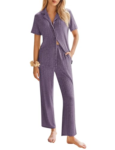 Ekouaer Womens Rib Knit Pajamas Button Up Lounge Sets Short Sleeve Top and Long Pants Matching Pjs Sleepwear Loungewear Sets Lilac Medium
