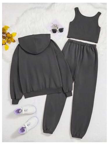 Image of Floerns Girl's 3 Piece Outfit Letter Patch Hoodie Jacket and Camisole Sweatpants Set Dark Grey 11Y