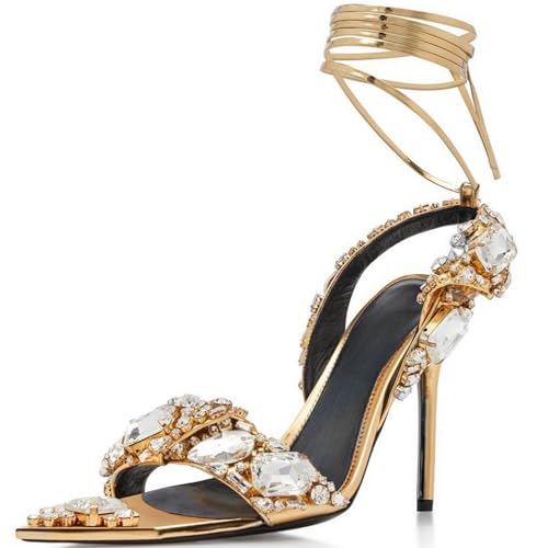 Sparkly Rhinestone Stiletto Heels Sandals for Women, Lace Up Backless Pointed Open Toe Wrap Around Strappy Heeled Sexy Summer Wedding Party Prom Dress Shoes