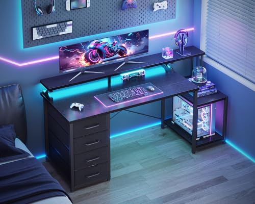 Image of ODK 55 Inch Computer Gaming Desk with LED Lights & 4 Drawers, Home Office Desk with Monitor Stand & Storage Shelves, Black