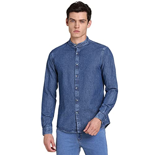 Image of Dennis Lingo Men's Solid Denim Cotton Slim Fit Full Sleeve Mandarin Collar Casual Shirt