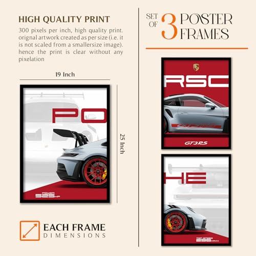 Image of ARTELLY Big Porsche 911 GT3rs Sports Car Framed Wall Posters, Set of 3, Premium Framed Painting, Living Room Bedroom Decoration, Large Size Gift Item for Boys Room Decor (Porsche 2, 19x25 inch)