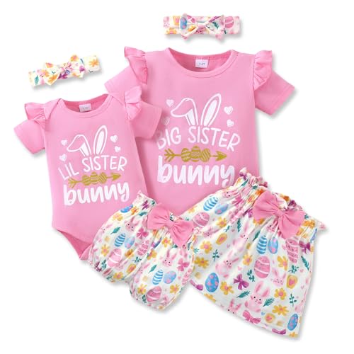 Image of AMAWMW Easter Big Sister Little Sister Matching Outfits Romper/Shirt+Shorts/Skirt+Headband Toddler Baby Girl Summer Clothes