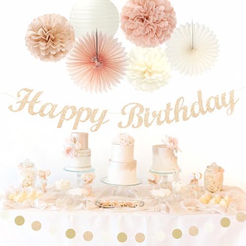 Image of Champagne Rose-Gold Beige Birthday Party-Decorations - 14pcs Happy Banner Boho Lanterns Tissue Pom Poms,Rustic Streamers Garland Fans,Neutral One Sweet Peach Girls Women Hanging Supplies Decor Hugfond