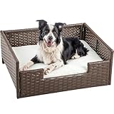 DWVO Rattan Dog House Outdoor Indoor with Cushion, Wicker Dog Sofa Bed for Small, Medium, and Large Dogs, 24.8''L*19.7''W*9.8''H, Beige