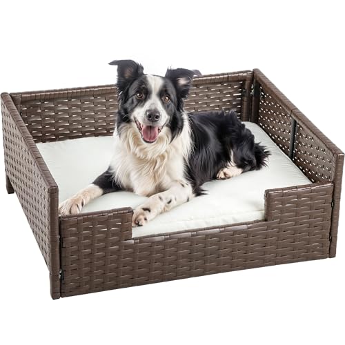 DWVO Rattan Dog House Outdoor Indoor with Cushion, Wicker Dog Sofa Bed for Small, Medium, and Large Dogs, 24.8''L*19.7''W*9.8''H, Beige