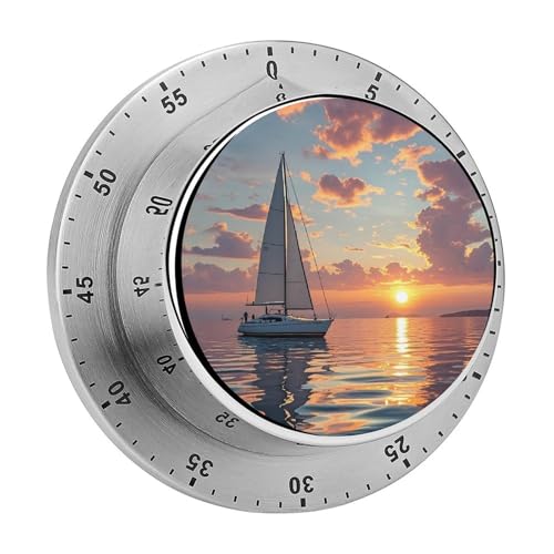 Timer da cucina meccanico a forma di barca a vela e tramonto, timer a carica manuale da 60 minuti con base magnetica, timer per il conto alla rovescia rotante rotondo per la casa