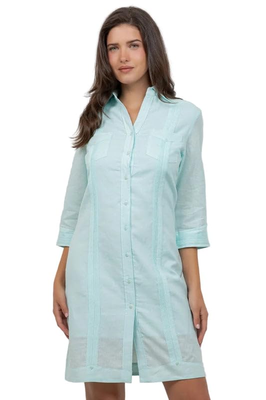 Mojito Women's Guayabera Dress Classic Style Linen Blend 3/4 Sleeve and Button Down Small/Aquamarine at Amazon Women's Clothing store Mojito Women's Guayabera Dress Classic Style Linen Blend 3/4 Sleeve and Button Down Small/Aquamarine at Amazon Women's Clothing store