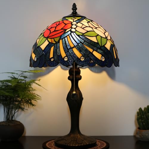 Image of Tiffany Table Lamp 19 inch Stained Glass Reading Lamp Red Rose Style