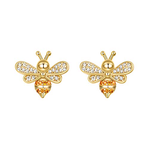 EleQueen 925 Sterling Silver CZ Gold Tone Tiny Bumblebee Stud Earrings for Women Girls