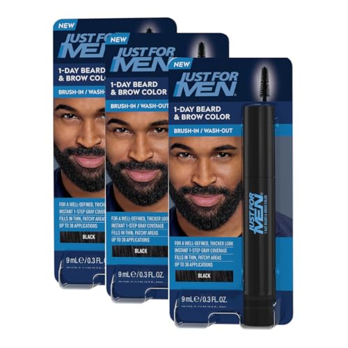 Just for Men 1-Day Beard & Brow Color, Temporary Color for Beard and Eyebrows, For a Fuller, Well-Defined Look, Up to 30 Applications, Black, Ships in Eco-Friendly Packaging (Pack of 3)