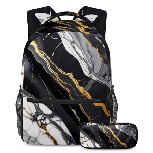 Cartable ado pour collège et lycée ensemble sac à dos grande capacité et trousse marbre noir