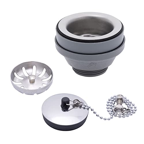 Ambassador Marine - 2 inch Drain, Straight Drain, Low Profile, 1-1/4 inch-M Thread, w/Strainer, w/Chain Stopper - Ultra-Mirror Finish - S00-1104-UP-W