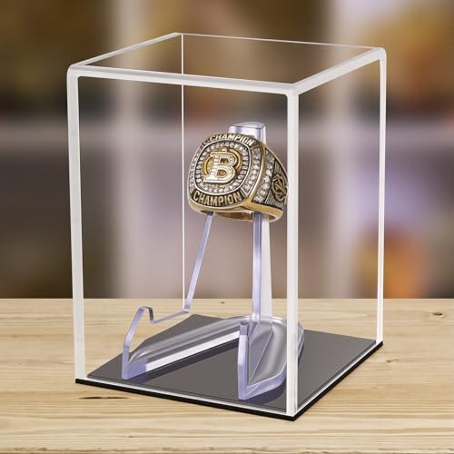 Image of Clear Acrylic Championship Ring Display Case with Black Base, Memorabilia Stand Cube Holder, Dust Protective Transparent Storage Box for Single Rings Souvenir Ring Collections