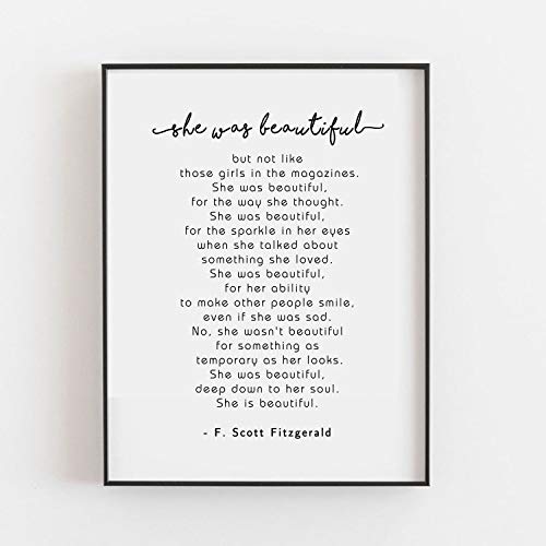 She Was Beautiful Girls Signï¼ŒF Scott Fitzgerald Quote,Nursery Decor, Love Quote, Bedroom Decor, Inspirational Quote Prints 8 x 10 Inches Shimmer Art Paper Unframed