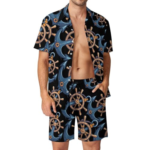 Anchors with Ship Steering Wheel Men's Hawaiian Set Casual Short Sleeve Shirt And Shorts Suits Outfits Beach Shirt 2 Piece