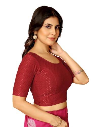 Image of Amazon Brand - Anarva Round Neck Dobby Cotton Lycra Stretchable Elbow Half Sleeve Readymade Saree Blouse for Women Stylish