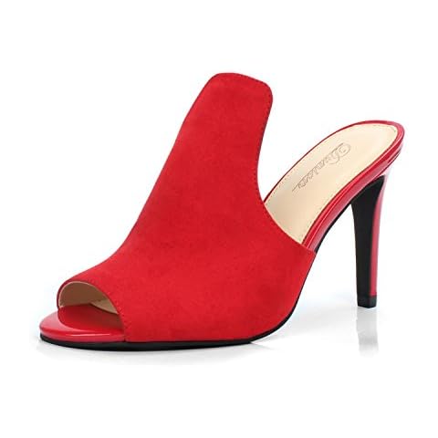 DUNION Women's Brody Comfortable Peep Toe Stiletto High Heel Dress Slip on Mules,Red,6 M US Cover