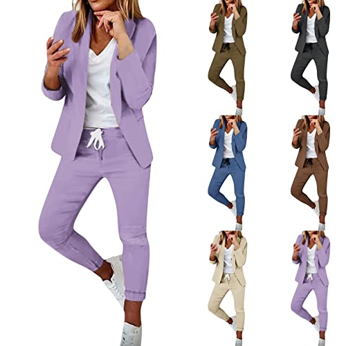 EMATOP Zweiteiler Damen Elegant Festlich Hosenanzüge 2 Teilig Sportlich Business Outfit Causal Einfarbig Blazer Lang Hosen Anzug Baumwolle Longblazer Anzughose Freizeitanzug prime angebote