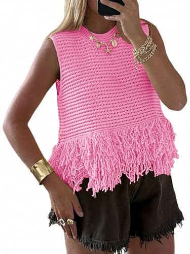 Saodimallsu Womens Crochet Crop Tank Tops Sleeveless Fringe Crew Neck Trendy Boho Knit Summer Sweater Vest Pink