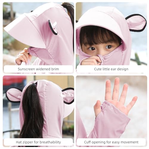 Image of PALAY Sunscreen Jacket for Girls, UPF 50+ Sun Protection Hoodie Jacket for Girl Kid Long Sleeve Wide Brim Hat Summer Coat with Face Mask for Hiking Outdoor 110-130cm Girl