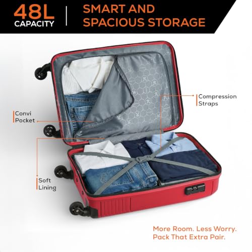 Image of HRX Icon Cabin Size Red Polypropylene Hard Shell Suitcase - Premium Travel Trolley Bag with 4 Spinner Wheels, Number Lock & Water Resistant Body