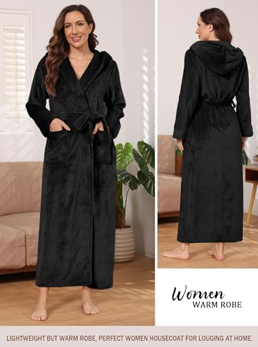Image of Hellomamma Long Hooded Robe for Women Luxurious Flannel Fleece Full Length Bathrobe Winter Warm Pajamas Shower Nightgown