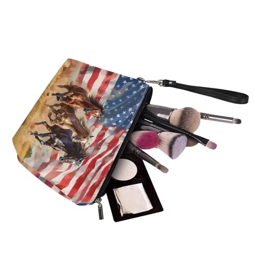 Image of American Flag Horse Purses for Women Tote Purse and Handbag Top Handle Satchel Bags with PU Zipper Make Up Bag Purse, Large Purse and Wallet Set for Women for Working Travel Shopping
