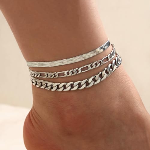 Image of 14K Gold Anklets for Women Waterproof Rhinestone Ankle Bracelet Layered Cuban Link Chain Diamond Anklet Beach Jewelry for Women (Silver-Anklets-C)