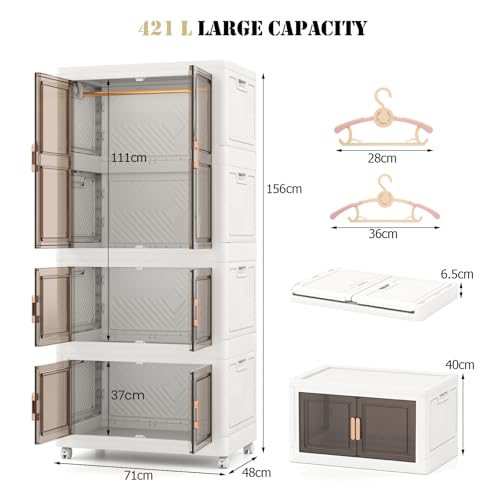 Image of COSTWAY Portable Wardrobe with 10 Retractable Hangers, 421L Foldable Plastic Clothes Cabinet with Doors and 4 Wheels, Mobile Collapsible Stackable Storage Boxes Containers Closet Organizer for Bedroom