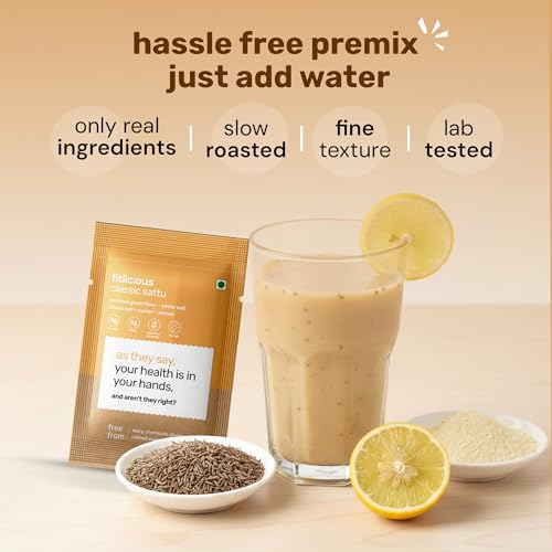 Image of fitlicious Classic Sattu Powder | Bihari Chana Sattu | Natural & Organic | Gluten-Free, Non-GMO | High Protein & Fiber | Instant PremiX | Healthy Drink For All Ages | Pack Of 10 X 40g Sachets