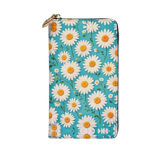 Women's Long Cash Wallet, PU Leather Elegant Clutch Change Purses with Zipper, Travel, Gifts (White Daisy Print)2