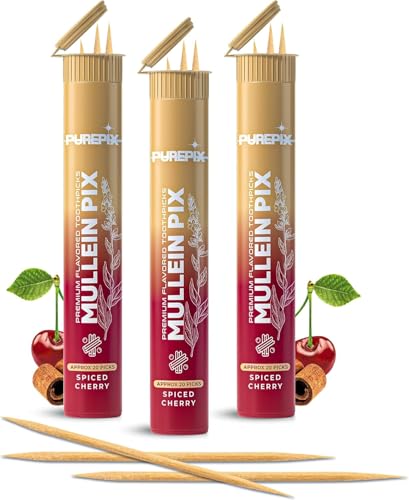 Image of PUREPIX Mullein Pix Flavored Toothpicks, Spiced Cherry Infused with Mullein Leaf, Extra Thick Natural Alternative to Hand-to-Mouth Habit, 3 Pack, Plant-Based Sticks, Nicotine Free, Kosher Vegan