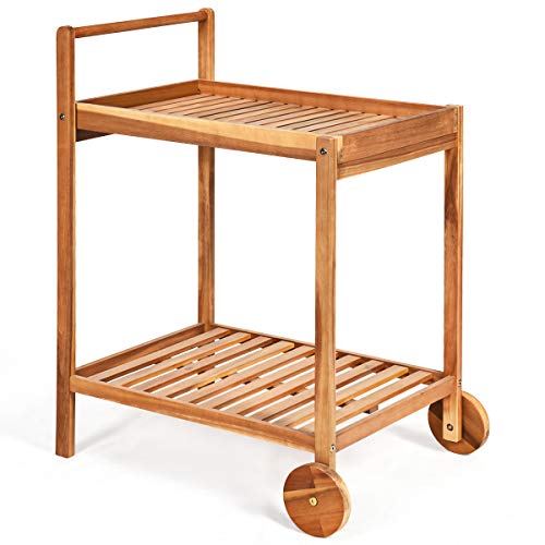 Rolling Serving Cart, Solid Wood Home Bar Cart with Handle with 2 Trays, Portable Serving Trolley for Kitchen, Dining Room, Patio, Teak
