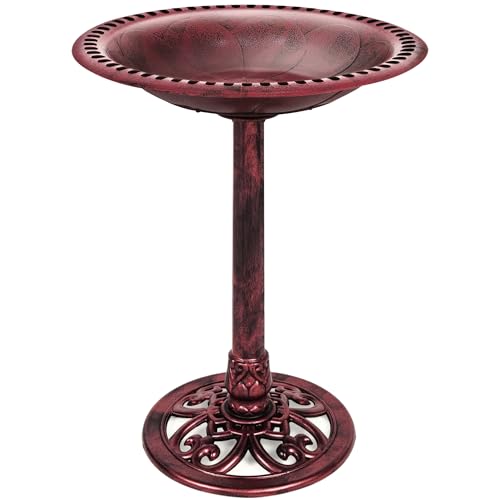 Best Choice Products 28in Pedestal Bird Bath, Vintage Outdoor Resin Accent Decoration w/Fleur-de-Lis Accents - Cherry Red