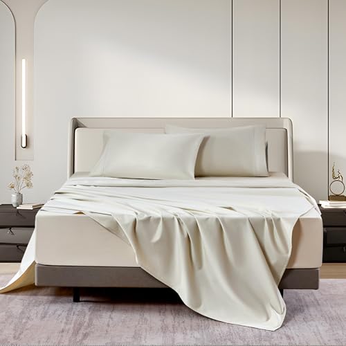 Image of Sophia & William 100% Cotton Sateen Sheet Set Queen Size 4 Piece Set Ivory | 1000 Thread Count Ultra-Soft 4 Piece Bedding, Extra Deep 16 inch Pocket Fitted Sheet Fits Most Mattresses, OEKO-TEX 100 Certified