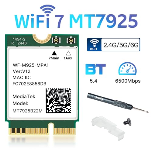 Tarjeta de Red Inalámbrica WiFi 7 MT7925 BE6500, M.2 2230, Bluetooth 5.4, Tri-banda 6G/5G/2.4GHz, 802.11be OFDMA, Compatible con Intel y AMD, Windows 11/10 de 64 bits miniatura 2