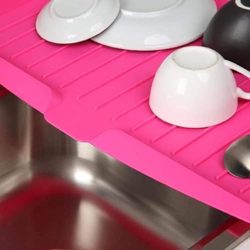 Image of Kitchen Utility Draining Board, Dish Racks, Plastic Dish Drainer Tray, Large Sink Drying Rack, Kitchen Tableware Worktop Organizer, Drain Board for Utensils, Vegetable & Fruit (Pink)