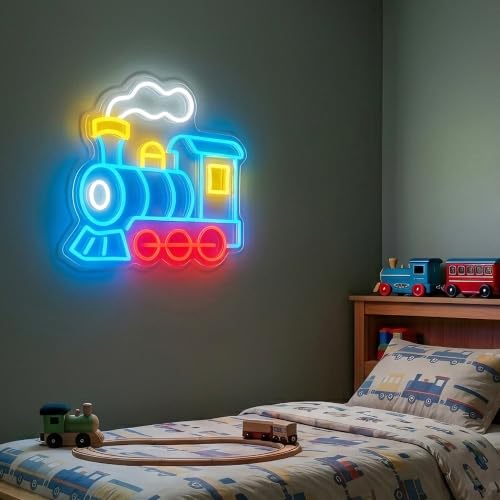 Image of CULOIS Steam Train Neon Sign, Dimmable LED Train Neon Light Wall Decor for Boys Room, Kids Bedroom, Playroom, Game Room and Train Gifts
