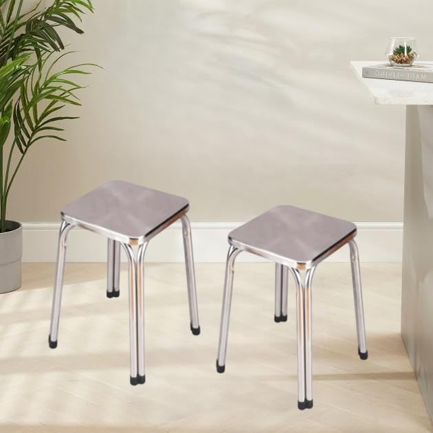 Image of NGFC Steel Stool for Indoor /Outdoor Use - Home, Medical, Hospital, Food, Doctor, Kitchen, Office, Cafe, Cafeteria - Metal Bar Chair (SQ Steel New, Silver pk2)