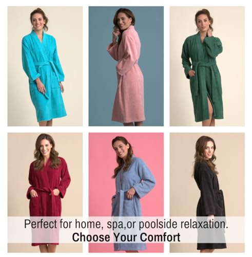 Image of Women's Turkish Terry Kimono Style Bathrobe - 100% Cotton Robe for Women - Comfortable & Absorbent - Soft & Cozy Wear