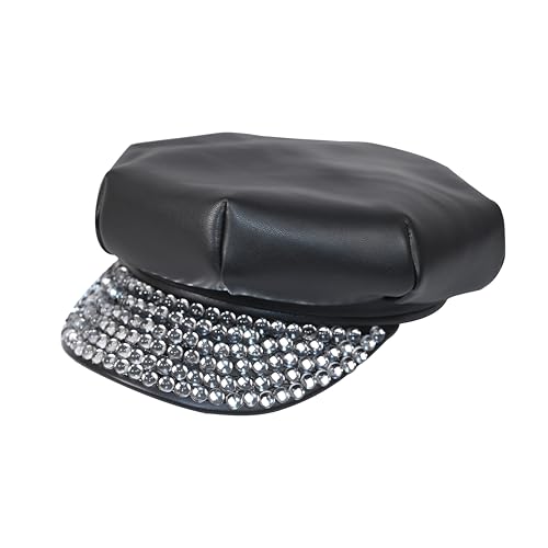 abouder Leather Newsboy Hat with Rhinestones for Women Black Classic Cabbie Painter Hat Gatsby Ivy Beret Cap for Halloween and Themed Birthday Party