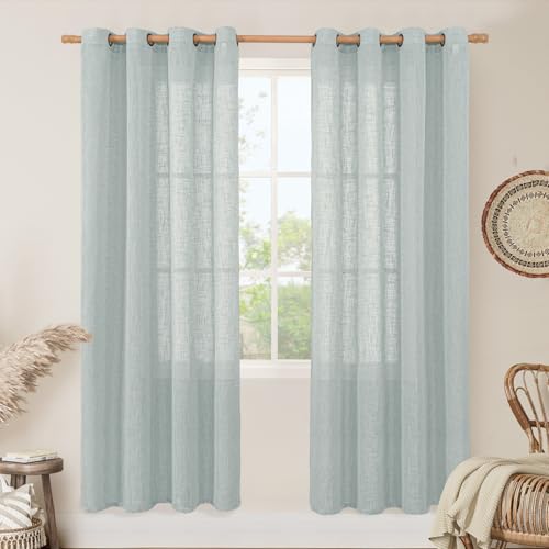 Image of LAMIT 80 Inch Semi Sheer Linen Curtains for Living Room, Greyish Blue Light Filtering Boho Panels Bronze Grommet Linen Textured Drapes for Bedroom /Farmhouse, 2 Panels Set, 52 x 80 Inch