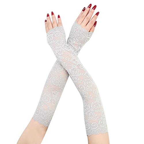 Lace Arm Sleeves for Women- Summer UV Protection Fingerless Floral Lace Long Gloves, Fashion Driving Gloves Lace Arm Cover, Sunscreen Sleeves Warmer Arm Cuffs for Outdoors Activities, gray, One Size