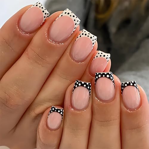French Press On Nails Short Square Fake Nails Press Ons With Polka Dot Design French False Nails Pink Acrylic Nails Glossy Glue On Nails For Women Girls